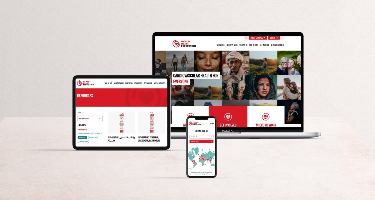 World Heart Federation website being displayed on a desktop, tablet device and a mobile phone