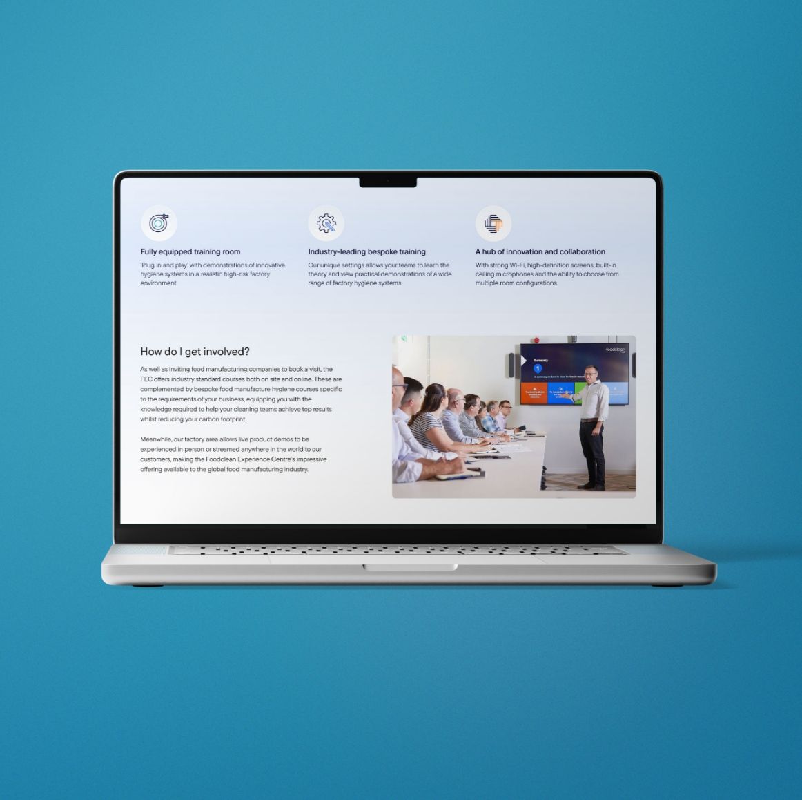 Website screen showing the FoodClean Experience Centre page highlighting hygiene system demonstrations and customer training facilities.
