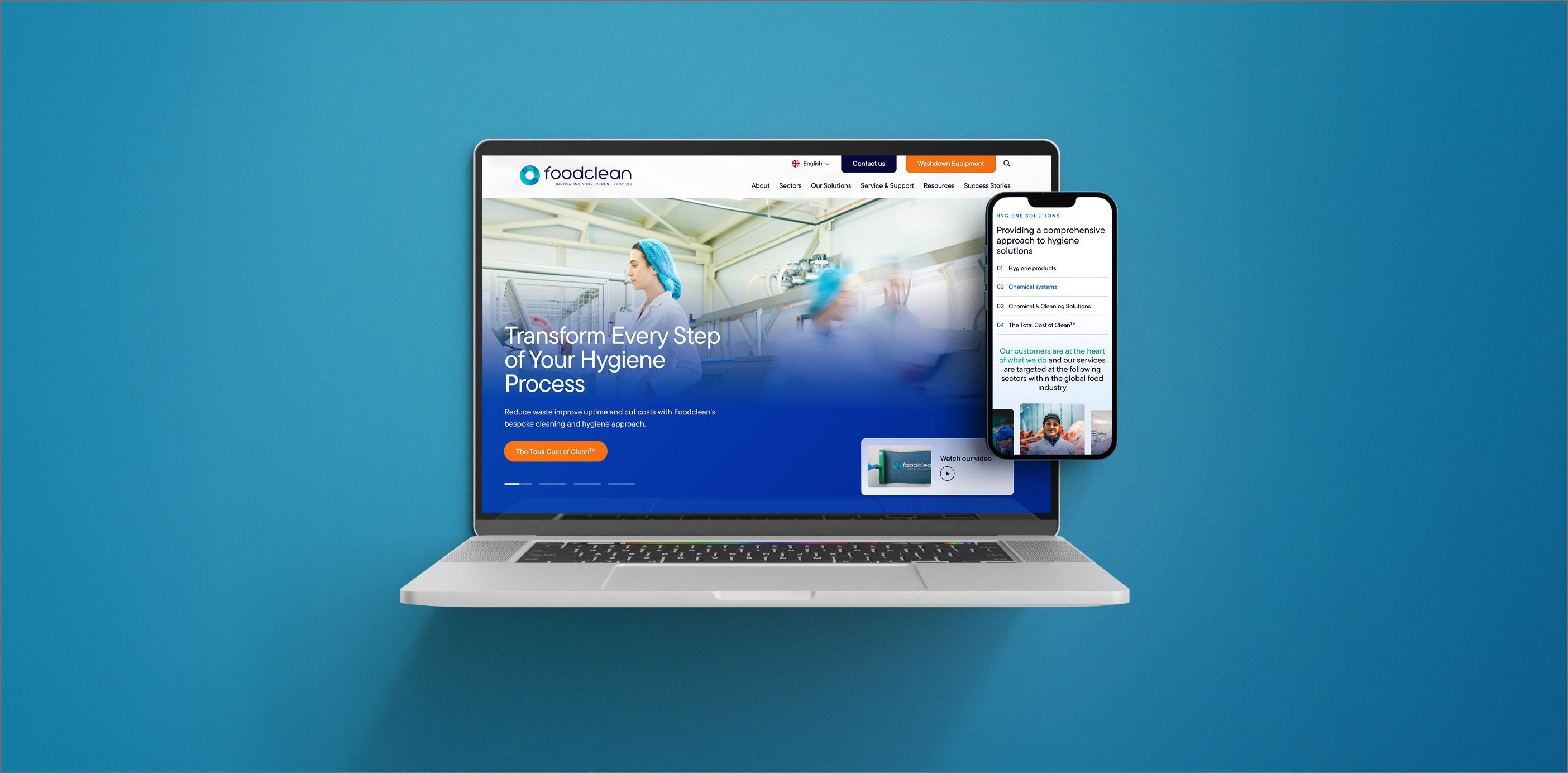 Landscape preview of the FoodClean homepage displaying industrial cleaning solutions and service-focused web layout.