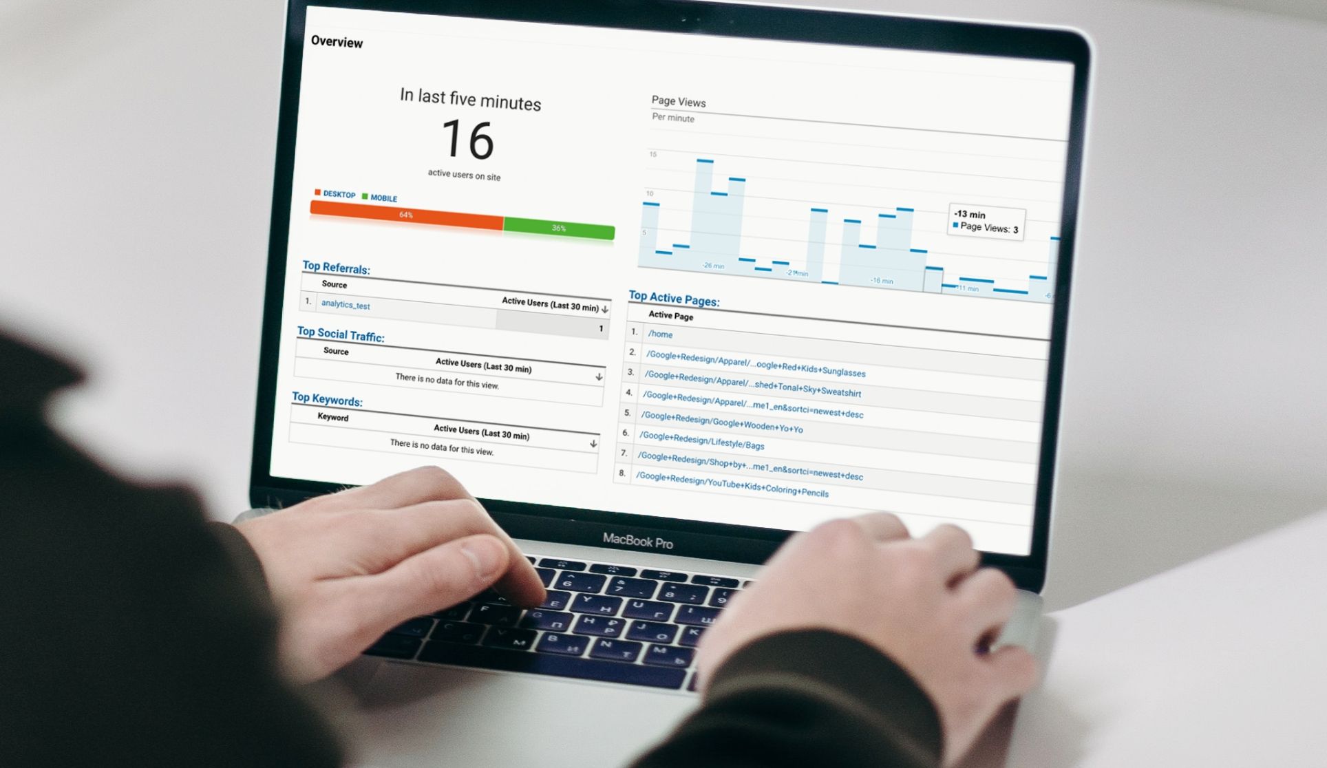 Man using an Apple Macbook and analysing Universal Analytics real-time data