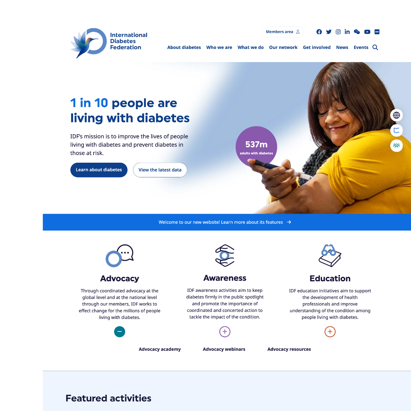 Hero banner design for the International Diabetes Federation (IDF) website featuring the hummingbird logo and vibrant gradient background.