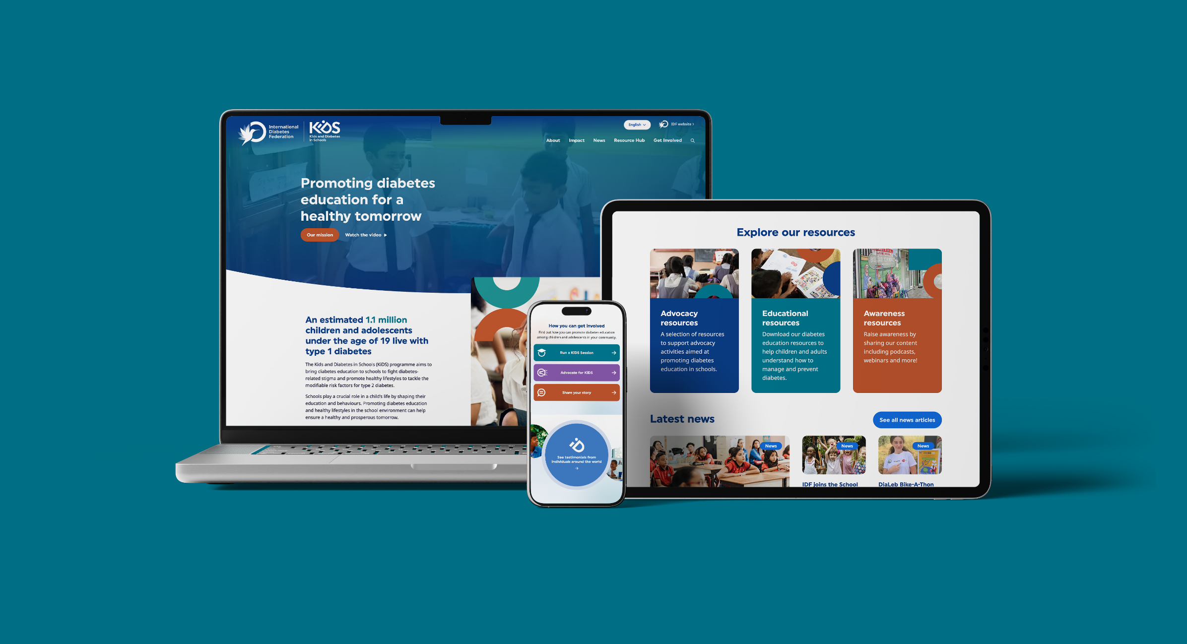 Device mockups of the International Diabetes Federation (IDF) KiDS programme website on laptop, tablet, and phone, illustrating responsive design for global school engagement.