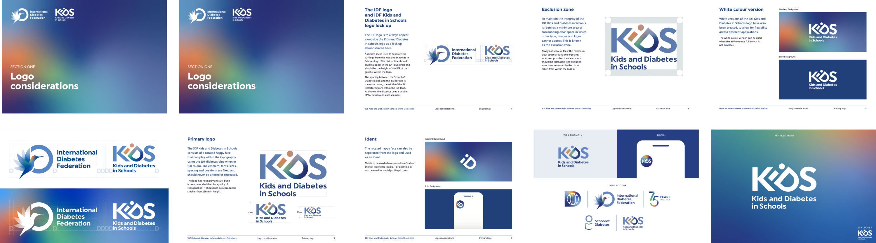 Cover of the International Diabetes Federation (IDF) KiDS programme brand guidelines featuring logo usage, colour palette, and visual identity standards.