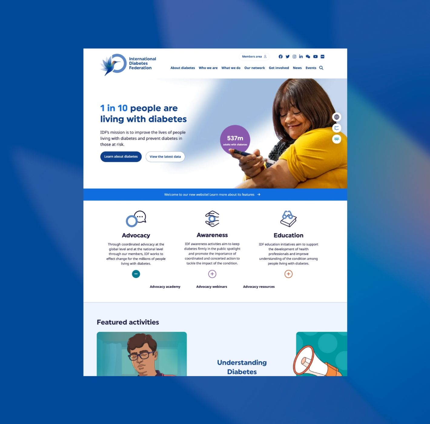 Square preview of the International Diabetes Federation (IDF) website homepage, featuring the hummingbird logo, navigation, and featured messaging.