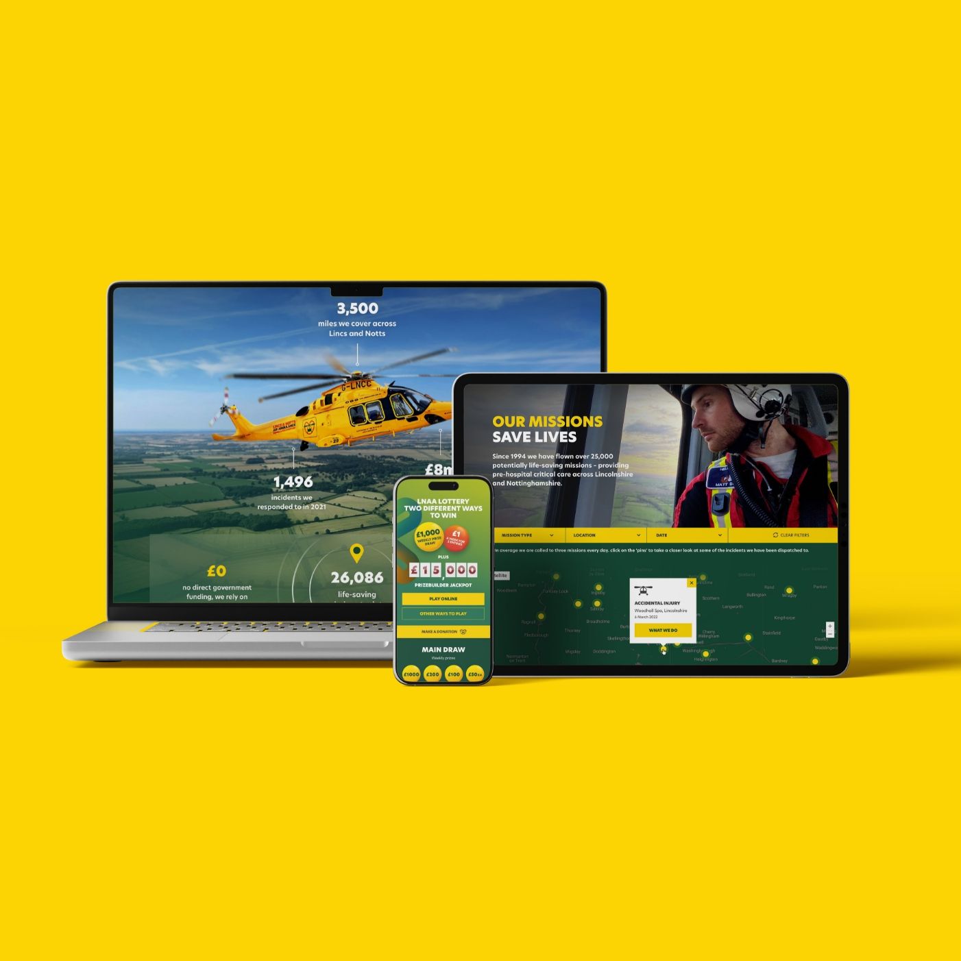 Square preview of the Lincs & Notts Air Ambulance (LNAA) website homepage with helicopter image and donate call-to-action.