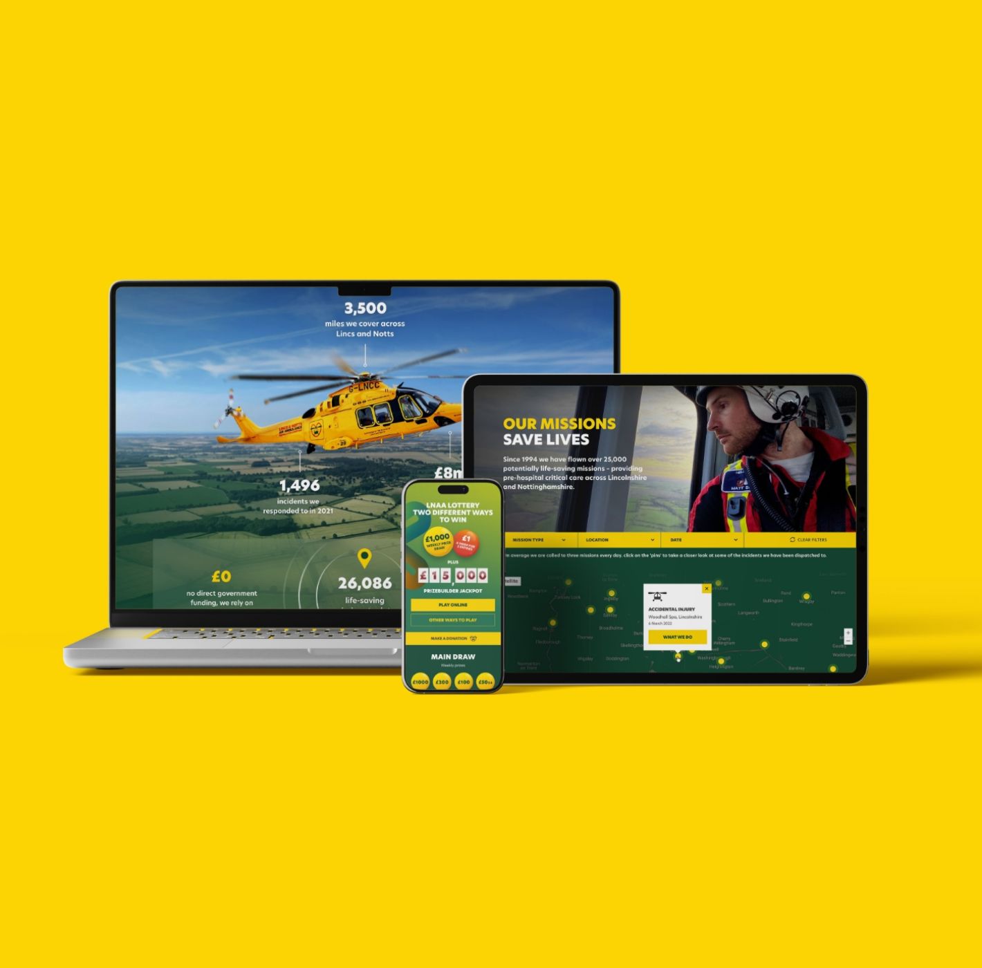 Square preview of the Lincs & Notts Air Ambulance (LNAA) website homepage with helicopter image and donate call-to-action.