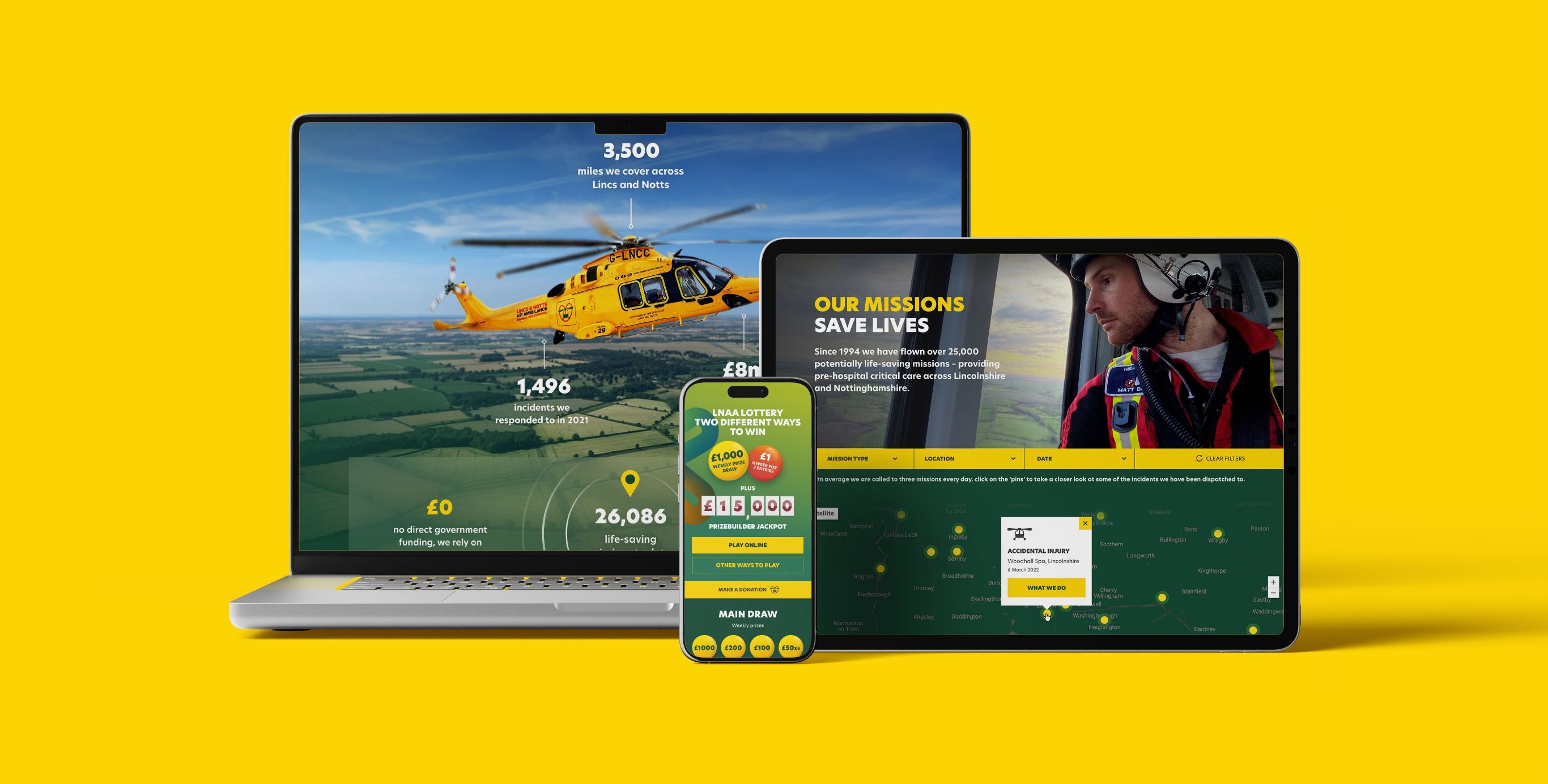 Landscape preview of the Lincs & Notts Air Ambulance (LNAA) website homepage highlighting emergency services branding and hero messaging.