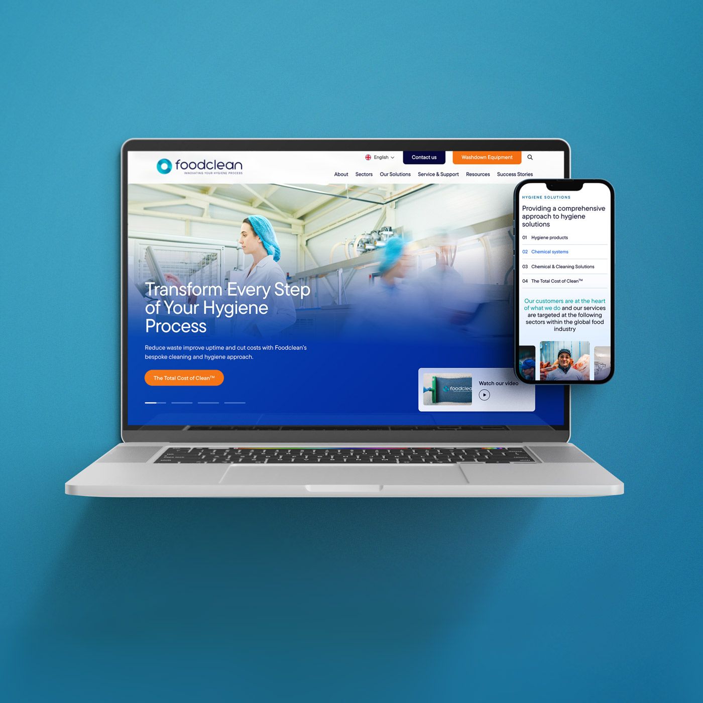 Square preview of the FoodClean website homepage featuring hygiene innovation messaging and product imagery